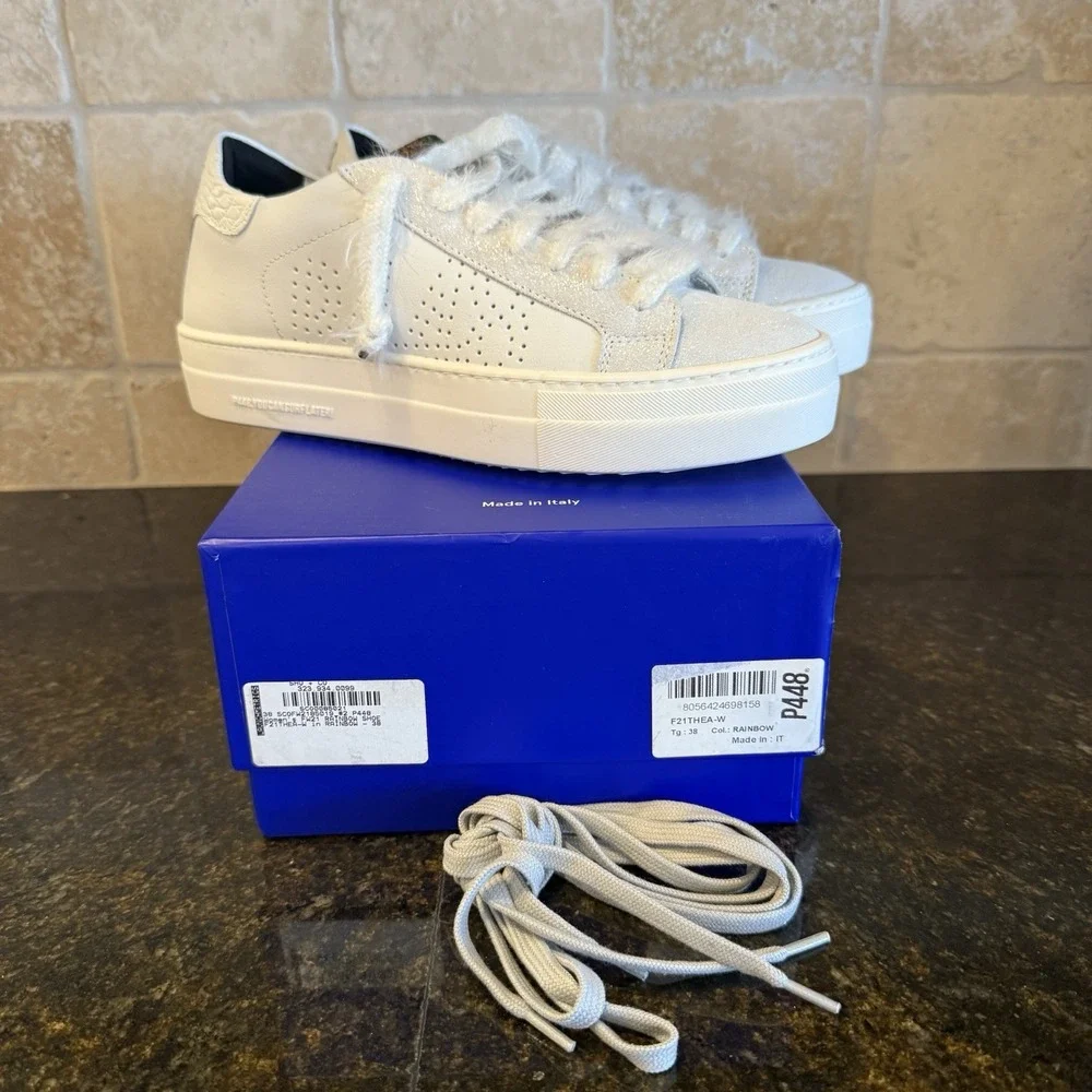P448 THEA RAINBOW LOW‎ TOP PLATFORM SNEAKERS SIZE EU 38 US 7.5-8 IN WHITE